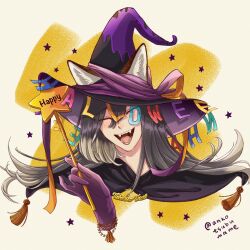 Rule 34 | 1boy, animal ears, ankotsubumame, black hair, blonde hair, closed eyes, commentary request, fangs, fox boy, fox ears, fox tail, gradient hair, halloween, happy halloween, hat, highres, holding, holding wand, long hair, male focus, multicolored hair, original, solo, tail, wand, witch, witch hat, yellow background