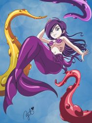 Rule 34 | 1girl, ass, blue eyes, breasts, fins, fish tail, highres, long hair, medium breasts, mermaid, monster girl, purple hair, seashell bikini, tail, tentacles, zone-tan
