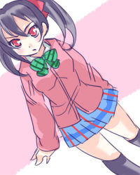 Rule 34 | 10s, 1girl, artist request, black hair, blush, gyuubaou, hair ribbon, highres, kneehighs, long sleeves, love live!, love live! school idol project, neck ribbon, pink background, pleated skirt, red eyes, ribbon, school uniform, skirt, socks, solo, twintails, two-tone background, white background, yazawa nico