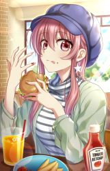 Rule 34 | 1girl, :q, blue headwear, burger, drinking straw, earrings, food, glass, green jacket, hair between eyes, holding, holding food, indoors, jacket, jewelry, ketchup, ketchup bottle, lens flare, long hair, long sleeves, looking at viewer, meigo arisa, nina (pastime), open clothes, open jacket, pink hair, red eyes, shirt, sitting, solo, star (symbol), star earrings, striped clothes, striped shirt, toaru majutsu no index, toaru majutsu no index: endymion no kiseki, tongue, tongue out, turtleneck, upper body