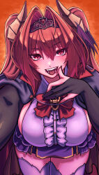 Rule 34 | 1girl, absurdres, alternate costume, antenna hair, black cape, black gloves, breasts, cape, commentary request, cowboy shot, daiwa scarlet (umamusume), fang, fangs, gloves, hair between eyes, hair intakes, halloween, highres, horns, large breasts, leaning forward, long hair, looking at viewer, no animal ears, open mouth, orange background, partially fingerless gloves, red hair, simple background, skull ornament, smile, solo, teeth, tiara, twintails, umamusume, utsuke (u tuk e), vampire, very long hair