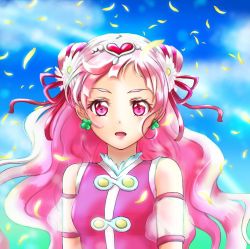 Rule 34 | 1girl, bad id, bad pixiv id, blue sky, blurry, blurry background, cloud, cone hair bun, cure yell, day, detached sleeves, double bun, hair bun, hair ornament, hair ribbon, heart, heart hair ornament, hugtto! precure, long hair, looking at viewer, open mouth, outdoors, petals, pink eyes, pink hair, precure, red ribbon, ribbon, see-through, short sleeves, sky, solo, upper body, wal---dg7sdr-0128