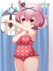Rule 34 | 1girl, alternate costume, aylwin (azur lane), azur lane, bare arms, bare shoulders, blush, blush stickers, breasts, clothes hanger, commentary request, covered navel, cowboy shot, fitting room, frilled one-piece swimsuit, frilled swimsuit, frills, full-face blush, hair between eyes, hat, highres, horoyuki (gumizoku), indoors, medium breasts, medium hair, navel, one-piece swimsuit, pink hair, plump, polka dot, polka dot swimsuit, red eyes, sailor hat, solo, standing, swimsuit, weight conscious