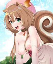 Rule 34 | 1girl, animal ears, ayunda risu, blush, breasts, breasts out, brown hair, clothes pull, green eyes, hat, highres, hololive, hololive indonesia, large breasts, looking at viewer, medium hair, nipples, nonstop nut november, open mouth, pink hat, smile, solo, squirrel ears, squirrel girl, squirrel tail, tail, virtual youtuber, yuyu5x