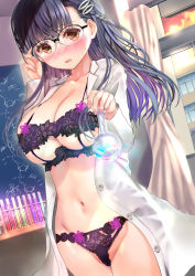Rule 34 | 1girl, absurdres, blunt bangs, blush, bra, breasts, collarbone, glasses, hair ornament, highres, lab coat, lace, lace bra, lace panties, large breasts, lingerie, long hair, looking at viewer, navel, ogata tei, open clothes, open shirt, original, panties, purple eyes, purple hair, shirt, solo, underwear, white shirt, window