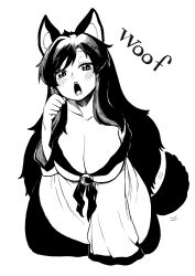 Rule 34 | 1girl, animal ear fluff, animal ears, blush, breasts, commentary request, dress, full body, high contrast, highres, himajin noizu, imaizumi kagerou, large breasts, long hair, long sleeves, looking at viewer, monochrome, open mouth, simple background, solo, tail, touhou, wolf ears, wolf girl, wolf tail