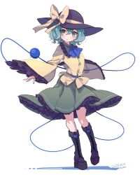 Rule 34 | 1girl, ascot, black footwear, black hat, blouse, blue ascot, boots, bow, buttons, cross-laced footwear, dated, diamond button, frilled shirt collar, frilled skirt, frilled sleeves, frills, green eyes, green hair, green skirt, hair between eyes, hat, hat bow, komeiji koishi, long sleeves, looking at viewer, parted lips, shirt, short hair, signature, simple background, skirt, solo, tami (joemanyodw), third eye, touhou, white background, wide sleeves, yellow bow, yellow shirt