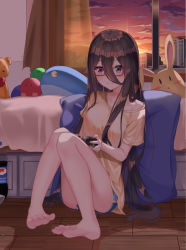Rule 34 | 1girl, barefoot, blue eyes, blush, brown hair, controller, feet, game controller, glasses, highres, long hair, looking at viewer, shirt, shorts, smile, soda bottle, soles, sunset, t-shirt, toes, window