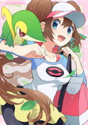 Rule 34 | 1girl, :d, artist name, black pantyhose, blue eyes, blush, bow, breasts, brown hair, cocoloco, collarbone, commentary request, creatures (company), double bun, eyelashes, game freak, gen 5 pokemon, hair bun, hands up, holding strap, long hair, nintendo, open mouth, pantyhose, pantyhose under shorts, pink bow, pokemon, pokemon (creature), pokemon bw2, pokemon on arm, raglan sleeves, rosa (pokemon), shirt, short shorts, shorts, smile, snivy, twintails, very long hair, visor cap, yellow shorts