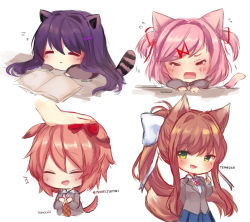 Rule 34 | 4girls, :d, absurdres, animal ears, arm up, artist name, blazer, blouse, blue eyes, blue skirt, blush, book, bow, breasts, brown hair, cat ears, cat tail, chibi, closed eyes, closed mouth, collared shirt, commentary, crying, desk, dog ears, dog tail, doki doki literature club, finger to cheek, finger to face, flying sweatdrops, fox ears, fox tail, green eyes, grey jacket, hair bow, hair ornament, hairclip, happy, hashtag, headpat, highres, jacket, kemonomimi mode, long hair, long sleeves, looking at viewer, medium breasts, monika (doki doki literature club), multiple girls, natsuki (doki doki literature club), neck ribbon, no legs, open mouth, parted lips, pink eyes, pink hair, pleated skirt, ponytail, purple eyes, purple hair, red bow, red ribbon, ribbon, sayori (doki doki literature club), school desk, school uniform, shirt, short hair, sidelocks, signature, simple background, skirt, sleeping, smile, tail, tanuki ears, tanuki tail, tears, temachii, v arms, very long hair, white background, white bow, white shirt, wing collar, yuri (doki doki literature club), zzz