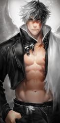Rule 34 | 1boy, abs, belt, black eyes, black hair, black jacket, black pants, burn scar, grey background, hair between eyes, hands in pocket, heterochromia, high collar, highres, iroai midodo, jacket, leather, leather jacket, looking at viewer, male focus, multicolored hair, no shirt, open clothes, open jacket, original, pants, pectorals, scar, scar on face, two-tone hair, white hair, yellow eyes