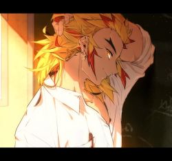 Rule 34 | 1boy, arm behind head, arm up, barbell piercing, blonde hair, breast pocket, chalkboard, collarbone, collared shirt, colored tips, contemporary, dress shirt, ear piercing, earrings, forked eyebrows, from side, hair lift, hand on own head, jewelry, kimetsu no yaiba, letterboxed, looking at viewer, male focus, medium hair, multicolored eyes, multicolored hair, multiple earrings, pen, piercing, po (poppa-pict), pocket, portrait, profile, red eyes, red hair, rengoku kyoujurou, shade, shirt, sideways glance, sleeves rolled up, smile, solo, streaked hair, white shirt, yellow eyes