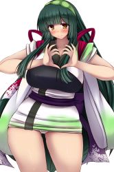 Rule 34 | 1girl, blush, breasts, collarbone, dress, female focus, green hair, hair ornament, hairband, heart, highres, japanese clothes, large breasts, long hair, miniskirt, orange eyes, panties, pantyshot, simple background, skirt, smile, solo, standing, touhoku zunko, underwear, very long hair, vocaloid, voiceroid, white background, white panties, wide hips, yellow eyes, yuzumiya mono