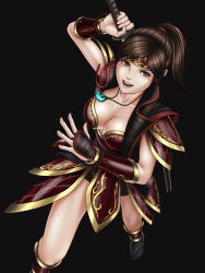 Rule 34 | 1girl, breasts, brown eyes, brown hair, cleavage, jewelry, katana, magatama, onimusha soul, open mouth, pendant, smile, solo, spinlock, sword, weapon