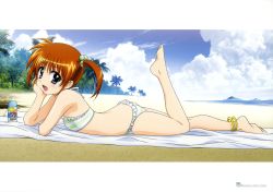 Rule 34 | 10s, 1girl, absurdres, anklet, barefoot, beach, bikini, blue eyes, brown hair, cloud, day, feet, hair bobbles, hair ornament, highres, jewelry, legs, lying, lyrical nanoha, mahou shoujo lyrical nanoha, mahou shoujo lyrical nanoha the movie 1st, non-web source, okuda yasuhiro, on stomach, open mouth, outdoors, purple eyes, short twintails, sky, solo, striped bikini, striped clothes, swimsuit, takamachi nanoha, twintails