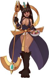 Rule 34 | animal ears, animal hands, ankh, anubis (monster girl encyclopedia), artist request, breasts, candy, cleavage, collar, cosplay, dark skin, dog ears, dog paws, egyptian, egyptian clothes, eliza (skullgirls) (cosplay), food, gold, halloween, highres, jackal claws, jackal ears, jackal paws, large breasts, looking at viewer, monster girl, monster girl encyclopedia, red eyes, revealing clothes, ribbon, scythe, sideboob, skullgirls, staff, tiara, wolf ears