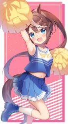 Rule 34 | 1girl, absurdres, alternate costume, animal ears, arm up, armpits, blue eyes, blush, breasts, brown hair, cheerleader, collarbone, commentary request, hair between eyes, hair ornament, highres, horse ears, horse girl, horse tail, leg up, navel, pom pom (cheerleading), ponytail, rappi, shoes, simple background, small breasts, solo, tail, tokai teio (umamusume), umamusume