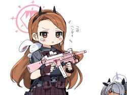 Rule 34 | 2girls, blue archive, blush stickers, brown eyes, brown hair, dark-skinned female, dark skin, fingerless gloves, gloves, gun, h&amp;k ump, hair over one eye, hairband, halo, holding, holding gun, holding weapon, idolmaster, iori (blue archive), long hair, minase iori, multiple girls, name connection, parted lips, bulletproof vest, pointy ears, pouch, red eyes, simple background, spawnfoxy, submachine gun, weapon, white background