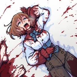 Rule 34 | 1girl, 1other, akairiot, blood, blood in hair, blood on clothes, blood on hands, blue bow, blue eyes, blush, bow, bowtie, breasts, brown pants, buttons, commentary, corset, crying, detached collar, english commentary, fangs, feet, guro, hand on own stomach, happy tears, heavy breathing, highres, large breasts, lying, murder, nose blush, on back, open mouth, original, pants, pointy ears, shirt, short hair, snow, solo focus, streaming tears, tears, teeth, upper teeth only, vampire, white shirt