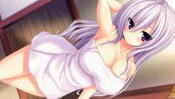 Rule 34 | 1girl, armpits, arms up, bare shoulders, blush, breasts, cleavage, collarbone, game cg, huge breasts, legs, long hair, looking at viewer, purple eyes, purple hair, solo, standing, syroh, thighs, towel, yakimochi stream