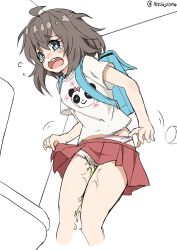 Rule 34 | 1girl, ahoge, artist name, blue eyes, blush, brown hair, cropped legs, door, embarrassed, female focus, flat chest, flying sweatdrops, from below, hair between eyes, have to pee, highres, hitsujiomo, indoors, jpeg artifacts, looking to the side, miniskirt, nose blush, open mouth, original, panties, peeing, peeing self, pink panties, pleated skirt, red skirt, shirt, short hair, short sleeves, skirt, solo, standing, tears, toilet, twitter username, underwear, undressing, upskirt, wavy mouth, wet, wet clothes, wet panties, white background, white shirt