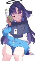 Rule 34 | 1girl, absurdres, arm support, black shirt, blue archive, blue buruma, blue jacket, bottle, bottle to cheek, breasts, buruma, commentary request, feet out of frame, halo, hand up, highres, holding, holding bottle, jacket, long hair, long sleeves, medium breasts, parted bangs, ponytail, puffy long sleeves, puffy sleeves, purple eyes, purple hair, shirt, short sleeves, simple background, sitting, sleeves past wrists, solo, track jacket, u-st (uweiter), very long hair, water bottle, white background, yuuka (blue archive), yuuka (track) (blue archive)