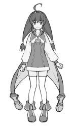 Rule 34 | 1girl, ahoge, brown hair, cape, closed mouth, coat, full body, greyscale, hair ornament, hairband, lilka eleniak, long hair, long sleeves, looking at viewer, low-tied long hair, monochrome, sidelocks, simple background, skirt, smile, solo, thighhighs, third-party source, white background, wild arms, wild arms 2