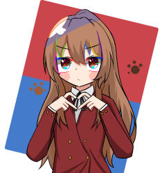 Rule 34 | 1girl, absurdres, aisaka taiga, black ribbon, blazer, blue background, blush, blush stickers, bright pupils, brown eyes, brown hair, buttoned cuffs, buttons, commentary, double-breasted, dress shirt, expressionless, hair between eyes, heart, heart hands, highres, jacket, long hair, long sleeves, looking at viewer, neck ribbon, oohashi high school uniform, parody, paw print, red background, red jacket, red pupils, ribbon, romaji commentary, sari (zakura27502762), school uniform, shirt, solo, style parody, terada tera (style), toradora!, upper body, upturned eyes, v-shaped eyebrows, very long hair, white background, white shirt