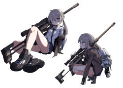 Rule 34 | 1girl, backpack, bag, black necktie, blush, bolt action, cheytac m200, collared shirt, crossed ankles, double-parted bangs, earmuffs, full body, girls&#039; frontline, grey hair, gun, hair between eyes, holding, holding bag, holding gun, holding weapon, jacket, kkusak (kkusag ks), loose necktie, m200 (girls&#039; frontline), medium hair, multiple views, necktie, open clothes, open jacket, panties, pantyshot, pleated skirt, ponytail, purple eyes, rifle, shirt, shirt tucked in, shoes, sitting, skirt, sneakers, sniper rifle, squatting, underwear, weapon, white background, white panties