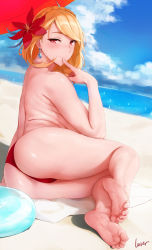 Rule 34 | 1girl, absurdres, artist name, ass, azur lane, back, barefoot, beach, bikini, bikini bottom only, blonde hair, blue sky, blush, braid, breasts, closed mouth, crown braid, day, earrings, feet, flower, foreshortening, hair flower, hair ornament, highres, jewelry, large breasts, laserflip, legs, looking at viewer, ocean, outdoors, prince of wales (azur lane), red bikini, red eyes, short hair, signature, sitting, sky, smile, soles, solo, swept bangs, swimsuit, thighs, toes, topless, towel