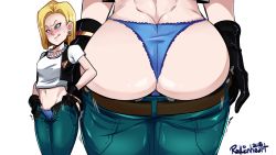 Rule 34 | 1girl, 2018, :q, android 18, ass, ass focus, back, bangle, black gloves, blue eyes, blue panties, blush, bracelet, breasts, butt crack, close-up, commentary, crop top, denim, dragon ball, dragonball z, dressing, earrings, english commentary, female pubic hair, frilled panties, frills, from behind, gloves, inconvenient ass, jeans, jewelry, medium breasts, multiple views, necklace, nose blush, open fly, panties, pants, pearl necklace, pubic hair, pubic hair peek, pulled by self, radlionheart, signature, sweatdrop, thong, tongue, tongue out, transparent background, tsurime, undersized clothes, underwear, vest