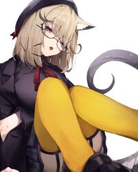 Rule 34 | 1girl, animal ear fluff, animal ears, ankoro mochi, arknights, black footwear, black headwear, black jacket, black shirt, black skirt, breasts, brown hair, feet out of frame, garter straps, glasses, highres, jacket, knees up, large breasts, loafers, long sleeves, looking at viewer, neck ribbon, open clothes, open jacket, open mouth, plaid, plaid skirt, purple eyes, red ribbon, ribbon, school uniform, semi-rimless eyewear, shirt, shoes, short hair, short shorts, shorts, simple background, sitting, skirt, solo, tail, thighhighs, under-rim eyewear, utage (arknights), utage (disguise) (arknights), white background, yellow thighhighs