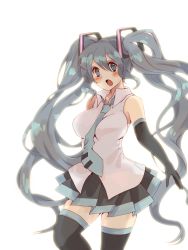 Rule 34 | 1girl, blush, elbow gloves, gloves, hatsune miku, highres, long hair, necktie, open mouth, rattorun, skirt, solo, thighhighs, twintails, very long hair, vocaloid, white background