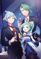 Rule 34 | 1girl, 2boys, :d, alternate costume, aqua eyes, black gloves, black jacket, black vest, blue eyes, champagne flute, closed mouth, collared shirt, commentary request, creatures (company), cup, dress, drinking glass, earrings, food, game freak, gloves, green hair, hand up, highres, holding, indoors, jacket, jewelry, jug (bottle), lisia (pokemon), multiple boys, necktie, nintendo, open mouth, plate, pokemon, pokemon oras, ponytail, ring, shirt, short hair, smile, sparkle, steven stone, table, uncle and niece, vest, wallace (pokemon), white shirt, window, zeroki (izuno)