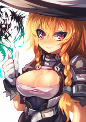 Rule 34 | 1girl, alternate costume, belt, blonde hair, blush, braid, breasts, cleavage, cleavage cutout, clothing cutout, female focus, gloves, hat, head tilt, highres, kirisame marisa, large breasts, long hair, looking at viewer, mamuru, nose blush, red eyes, shiny skin, simple background, single braid, smile, solo, touhou, twin braids, upper body, white background, witch, witch hat