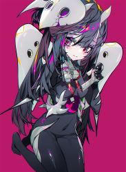 Rule 34 | 1girl, angel (evangelion), armor, black hair, blush, blush stickers, bodysuit, breasts, core, covered erect nipples, covered navel, grandia lee, heart, heart-shaped pupils, highres, holding, horns, humanization, long hair, mask, mask on head, neon genesis evangelion, purple eyes, red background, sachiel (evangelion), shoulder armor, sidelocks, simple background, small breasts, solo, spikes, symbol-shaped pupils, toes, twintails, very long hair