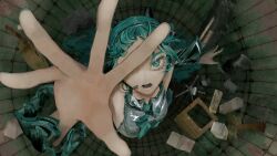 Rule 34 | absurdres, blue eyes, blue hair, blue nails, commentary, english commentary, frills, hair ornament, hairclip, hand up, hatsune miku, highres, long hair, long sleeves, microphone, n00dlesandwitch, necktie, open mouth, shirt, sleeveless, sleeveless shirt, spread fingers, tears, trash, twintails, vocaloid