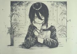 Rule 34 | 1girl, ate5424, bracelet, buttons, chainsaw man, choker, eyebrows, female focus, glass, hair between eyes, hand on own face, head tilt, jewelry, long hair, long sleeves, looking at viewer, monochrome, pale skin, plant, reze (chainsaw man), shirt, sidelocks, sitting, sleeves past elbows, smile, solo, table, tree