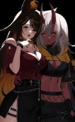 Rule 34 | 2girls, absurdres, akumi (yoclesh), animal ears, belt, black belt, black hair, black skirt, breasts, brown eyes, chain, cleavage, colored skin, commentary, commission, creator connection, english commentary, hair behind ear, hand on another&#039;s waist, highres, horns, indie virtual youtuber, large breasts, looking at viewer, medium breasts, midriff, multicolored hair, multiple girls, navel, oni horns, open mouth, orange hair, pointy ears, red skin, scar, second-party source, sinder (vtuber), sinder (vtuber) (1st costume), skeb commission, skirt, smile, streaked hair, virtual youtuber, white hair, wolf ears, wolf girl, youichi (45 01)