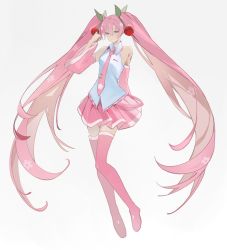 Rule 34 | 1girl, alternate color, arm behind back, blouse, cherry hair ornament, closed mouth, collared shirt, detached sleeves, food-themed hair ornament, full body, hair ornament, hatsune miku, highres, long hair, looking at viewer, necktie, pink eyes, pink hair, pink necktie, pink skirt, pink thighhighs, pleated skirt, sakura miku, shirt, simple background, skirt, solo, thighhighs, twintails, vocaloid, white background, white shirt, yukihira makoto