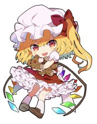 Rule 34 | 1girl, blonde hair, blush, bow, brown footwear, chibi, commentary, crystal, fang, flandre scarlet, frills, full body, hat, hat bow, highres, hugging doll, hugging object, light blush, long hair, looking at viewer, mob cap, open mouth, pigeon-toed, red bow, red eyes, red skirt, red vest, satoupote, shirt, short sleeves, sidelocks, simple background, skin fang, skirt, smile, socks, solo, stuffed animal, stuffed toy, teddy bear, touhou, vest, white background, white hat, white shirt, white socks, wings