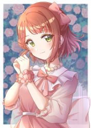 Rule 34 | 1girl, artist name, artist request, back bow, blush, bow, bowtie, braid, braided bun, breasts, close-up, dream with you (love live!), dress, dress bow, earrings, female focus, flower, frilled skirt, frills, green eyes, hair bow, hair bun, highres, jewelry, long sleeves, looking at viewer, love live!, love live! nijigasaki high school idol club, love live! school idol festival, miniskirt, neck ruff, necklace, orange hair, outdoors, parted lips, pearl earrings, pearl necklace, pink bow, pink dress, pink flower, pink skirt, pink wrist cuffs, plaid, plaid dress, plaid skirt, pleated, pleated dress, pleated skirt, polka dot, polka dot skirt, puffy short sleeves, puffy sleeves, red hair, short hair, short sleeves, side bun, single side bun, skirt, small breasts, smile, solo, sukur zwin, uehara ayumu, white bow, wrist cuffs, yellow eyes