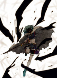 Rule 34 | 10s, 1girl, blood, bloody tears, blue hair, cape, gloves, grin, magical girl, mahou shoujo madoka magica, mahou shoujo madoka magica (anime), miki sayaka, oda (ok3110), open mouth, short hair, skirt, smile, solo, spoilers, sword, thighhighs, weapon