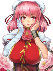 Rule 34 | 1girl, bandaged arm, blush, breasts, bun cover, chain, cuffs, double bun, flower, hair ribbon, hands on own face, huge breasts, ibaraki kasen, looking at viewer, pink hair, puffy short sleeves, puffy sleeves, red eyes, red rose, ribbon, rose, short sleeves, simple background, solo, tabard, touhou, umigarasu (kitsune1963), upper body, white background