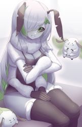 Rule 34 | 1girl, absurdres, antennae, arthropod girl, breasts, cleavage, crossed arms, extra arms, green eyes, green hair, hair over one eye, highres, hungrydurp, indie virtual youtuber, insect girl, juniper actias, long hair, medium breasts, moth girl, multicolored hair, parted lips, sitting, smile, solo, teeth, two-tone hair, virtual youtuber