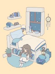 Rule 34 | 1girl, absurdres, bed, bird, blanket, blue carpet, blue eyes, book, bookshelf, brown hair, coldmeow, cushion, dream catcher, dress, fish tank, full body, highres, holding, holding book, lantern, long dress, long hair, looking down, marcus (reverse:1999), mole, mole on ear, night, night sky, no mouth, no shoes, on ground, open book, photo (object), pillow, plant, potted plant, reading, reverse:1999, sitting, sky, socks, solo, star (sky), starry sky, stuffed animal, stuffed toy, vase, wall lamp, white dress, white socks, wide shot, window, yellow background