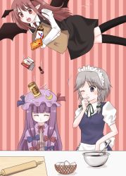 Rule 34 | 3girls, bad id, bad pixiv id, bat wings, closed eyes, crescent, crescent hat ornament, embodiment of scarlet devil, female focus, food, hairband, hat, hat ornament, head wings, izayoi sakuya, koakuma, long hair, maid, multiple girls, patchouli knowledge, purin jiisan, purple hair, red eyes, red hair, short hair, silver hair, skirt, spill, touhou, wings