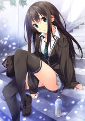 Rule 34 | 10s, 1girl, bag, black hair, black thighhighs, bottle, buttons, cardigan, cellphone, earrings, green eyes, highres, holding, idolmaster, idolmaster cinderella girls, jewelry, kuwashima rein, loafers, long hair, looking at viewer, necklace, necktie, open mouth, phone, school bag, school uniform, shibuya rin, shoes, sitting, sitting on stairs, skirt, sleeves past wrists, solo, stairs, thighhighs