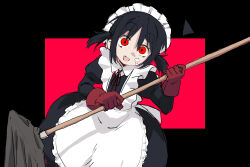 Rule 34 | 1girl, :d, antennae, apron, bandaid, bandaid on cheek, bandaid on face, black background, black dress, black hair, dress, fang, gloves, highres, holding, holding mop, jean bomjan, looking at viewer, maid, maid apron, maid headdress, mop, neck ribbon, open mouth, original, rectangle, red eyes, red ribbon, ribbon, sidelocks, simple background, sketch, smile, solo, thick eyebrows, twintails, upper body