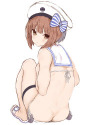 Rule 34 | 1girl, :&lt;, ass, back, bare back, bare legs, barefoot, bikini, blush, brown eyes, brown hair, butt crack, closed mouth, full body, goekawa, hat, highres, kantai collection, sailor hat, sandals, short hair, simple background, solo, swimsuit, v-shaped eyebrows, white background, white bikini, white hat, z3 max schultz (kancolle)